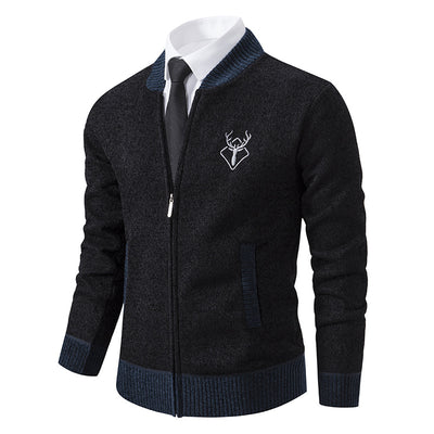 Men's Jacket Slim Stand Collar Elk Embroidered Cardigan Coat - Black - Men's Jackets & Coats - Carvan Mart