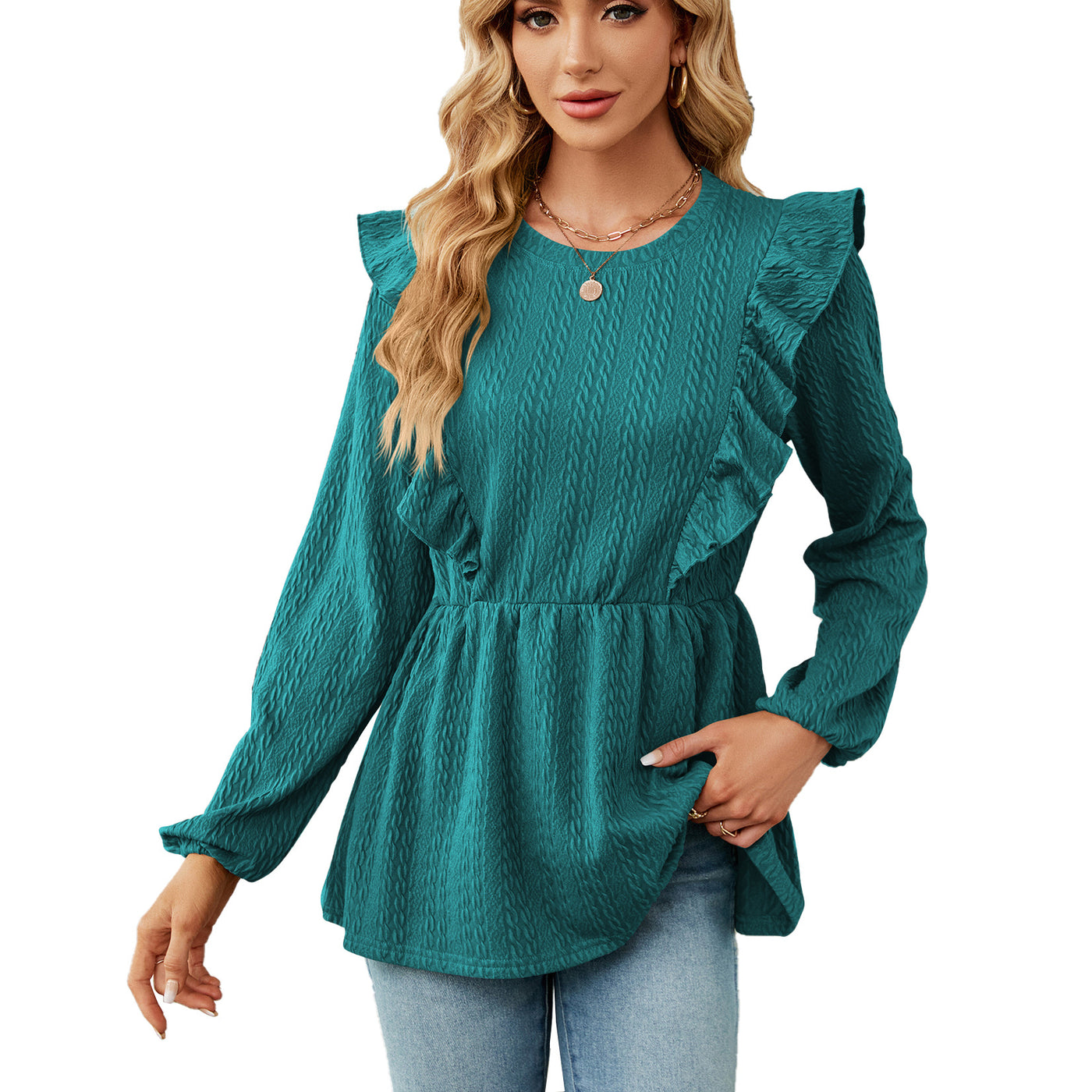 Women's Tops Next Patchwork Round Neck Long-sleeve T-shirt - Peacock Blue - Tops & Tees - Carvan Mart