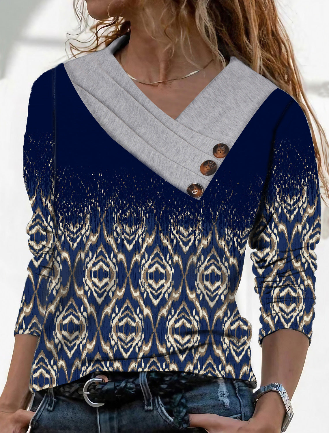 Women's Scarf Collar T-shirt With Long Sleeves Button Top - Dark Blue Printing - Winter Tops - Carvan Mart