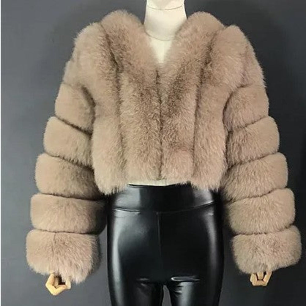 New Women's Coat Short Stitching Long Sleeve Fur Jacket - Light Camel - Leather & Suede - Carvan Mart