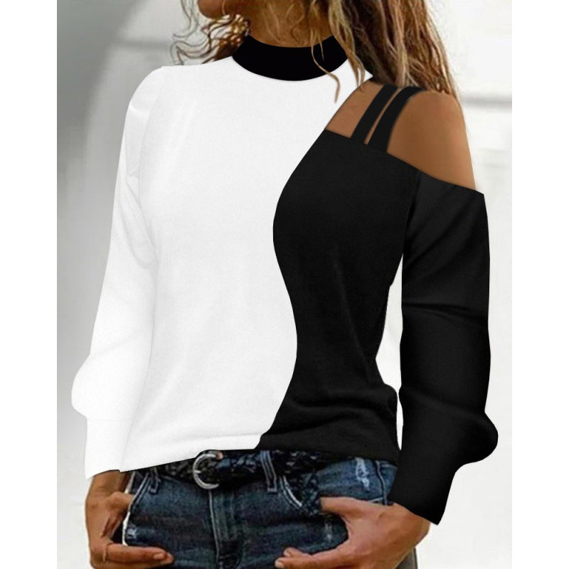 Autumn And Winter Simplicity Off-the-shoulder Colored Geometric Blocks Pattern Long Sleeve Top For Women - Carvan Mart