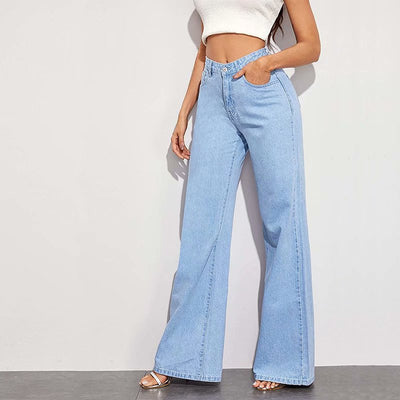 High Waist Wide Leg Jeans for Women - Summer Casual Cotton Pants - Light Blue - Women's Jeans - Carvan Mart