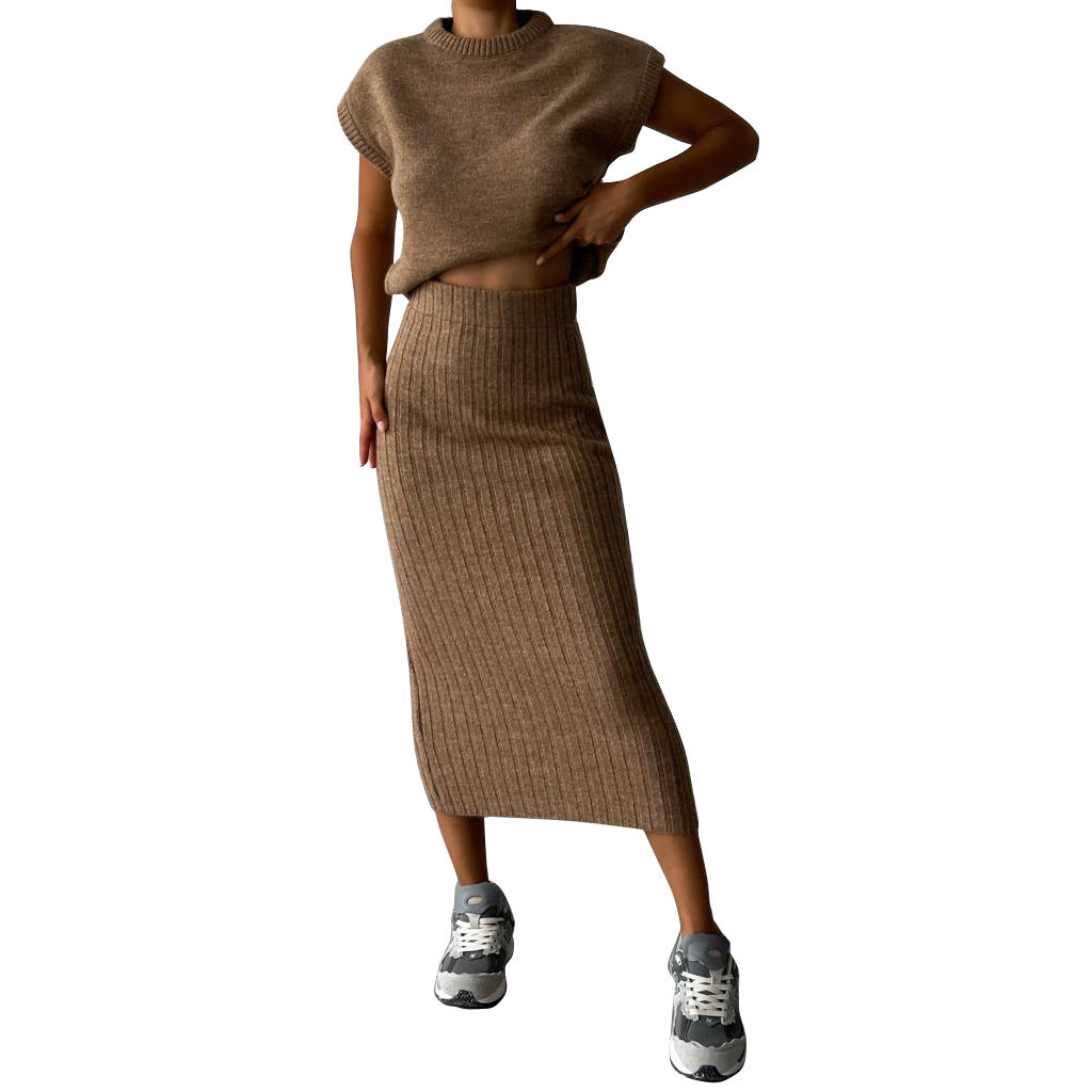 Sweater Suit Women's Sleeveless Pullover Coat Skirt - Carvan Mart