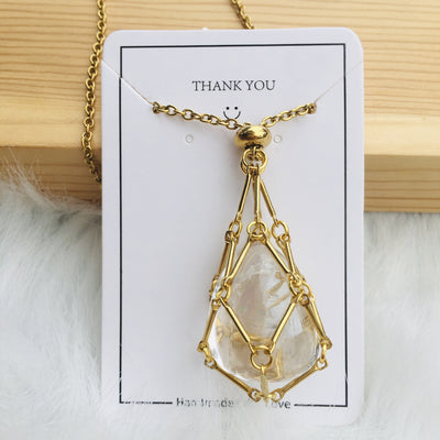 Fashion Jewelry Medium Natural Crystal Mesh Bag Bamboo Woven Necklace - Golden White Crystal - Necklaces - Carvan Mart