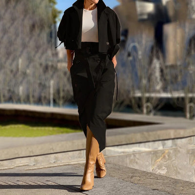 Dress With a Blazer Leisure Workwear Elegant Button Belt Street Style Women Skirt Suit - Black - Suits & Sets - Carvan Mart