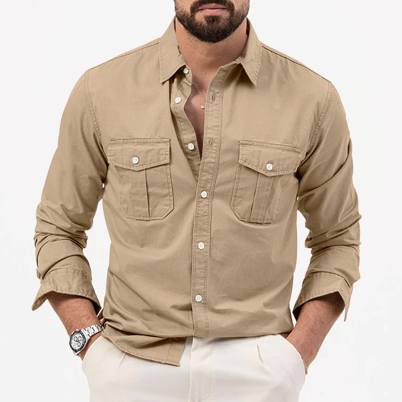 Men's Multi-pocket Solid Color Casual Long Sleeve Shirt - Versatile Lapel Cardigan - Khaki - Men's Shirts - Carvan Mart
