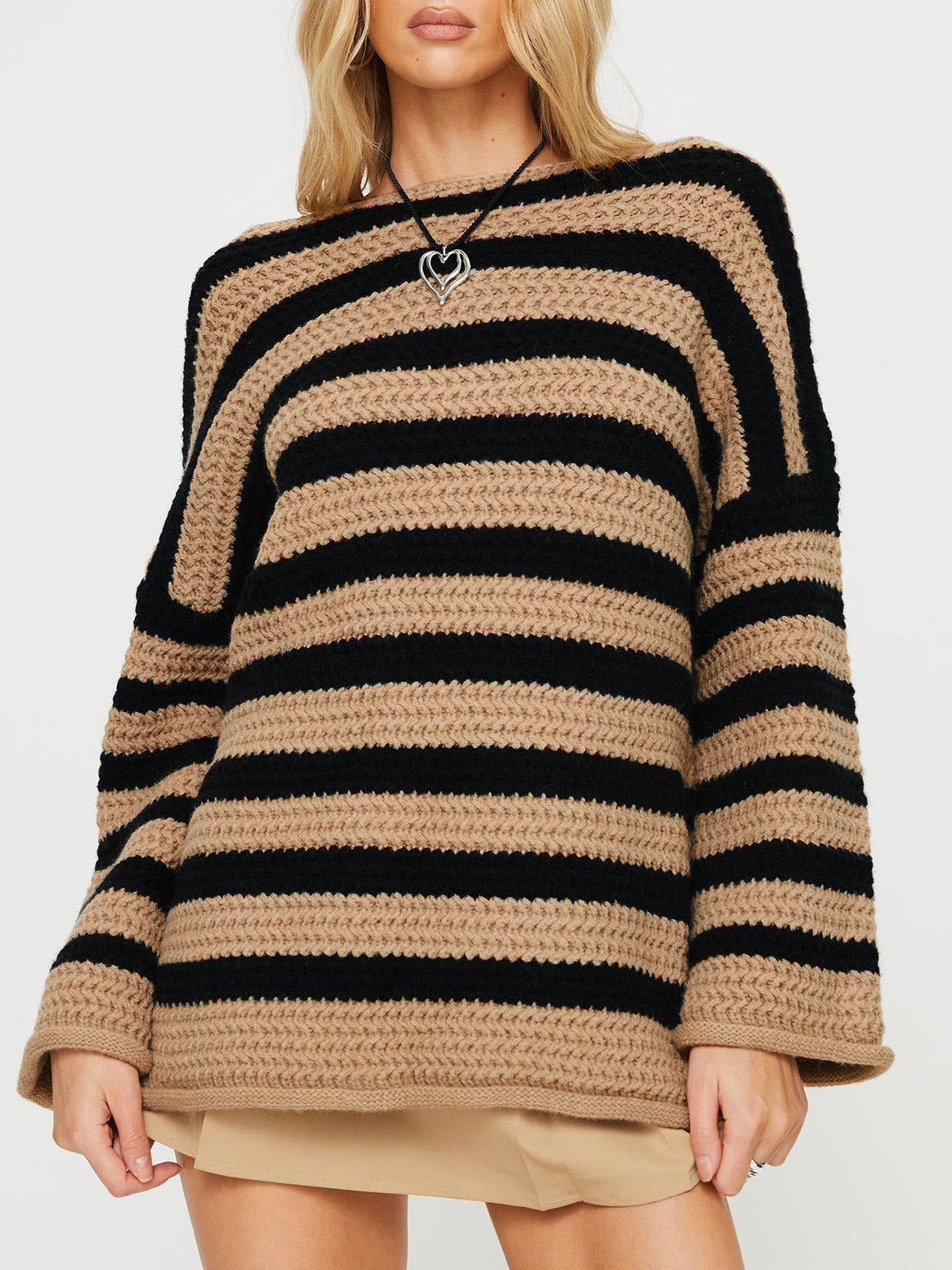 Women's Loose Off Shoulder Striped Long-sleeved Sweater - Khaki - Sweaters - Carvan Mart