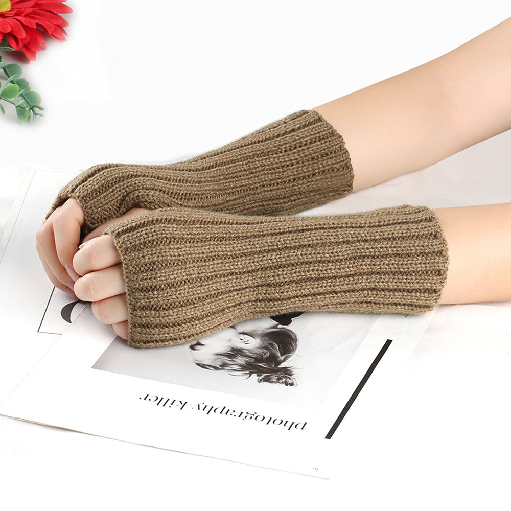 Knitting Wool Gloves Straight Arm Knitted Warm - Khaki Average Size - Women Gloves & Mittens - Carvan Mart