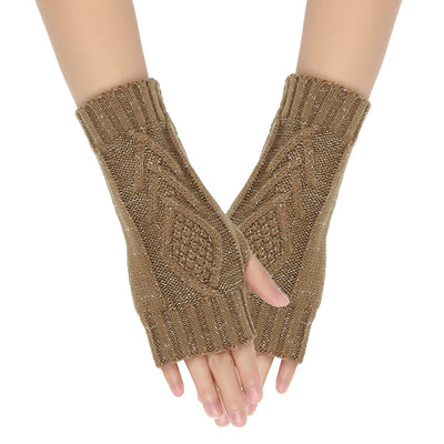 Shiny Silver Silk Knitting Wool Gloves Diamond-shaped Missing Finger - Dark Khaki Average Size - Women Gloves & Mittens - Carvan Mart