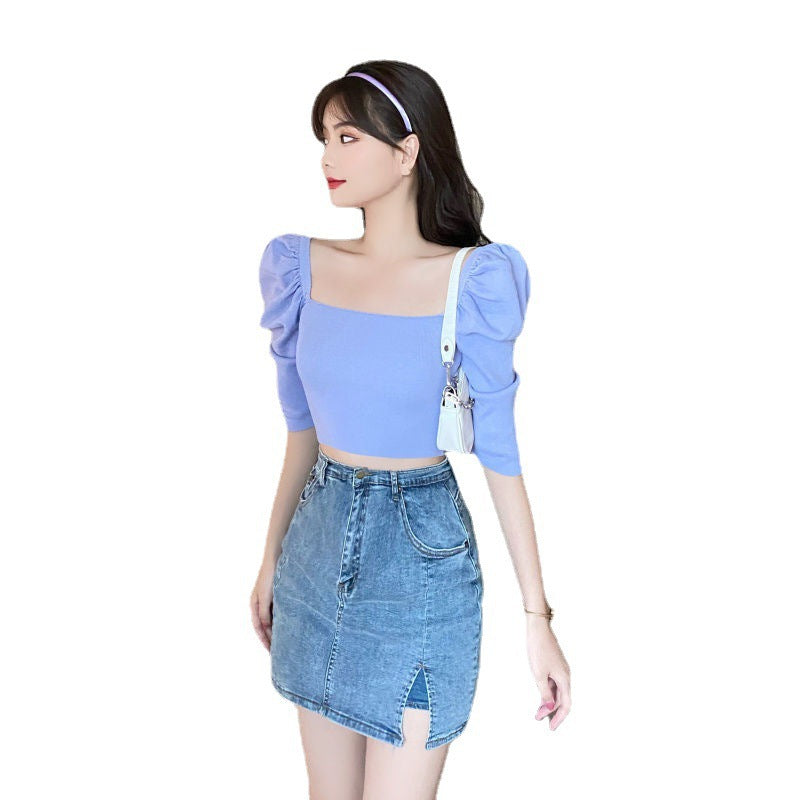Women's Fashion Square Collar Puff Sleeve Slim Fit Slimming Short Sleeve T-shirt - Carvan Mart