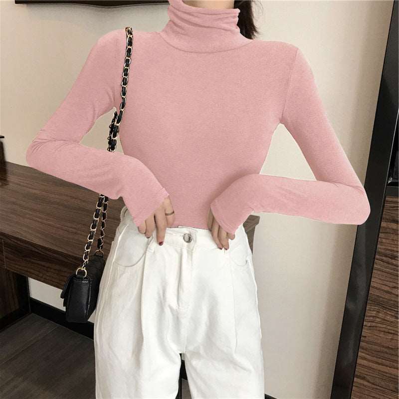 All-matching Solid Color Turtleneck Bottoming Shirt Women's Slim-fit Long Sleeve - Pink - Winter Tops - Carvan Mart