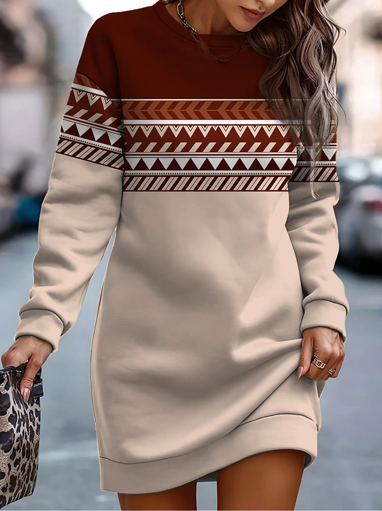 Women's Jumper Printed Contrast Color Round Neck Sweater Dress - Carvan Mart