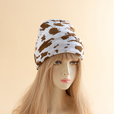 Warm Retro Pullover Zebra Pattern Double-layer Knitted Casual Hat - White Brown Large Cows Pattern M Size 56 To 58cm - Women's Hats & Caps - Carvan Mart