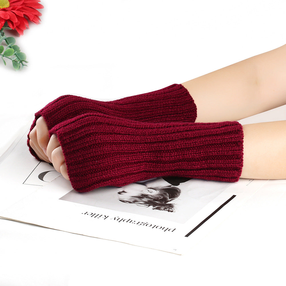 Knitting Wool Gloves Straight Arm Knitted Warm - Burgundy Average Size - Women Gloves & Mittens - Carvan Mart