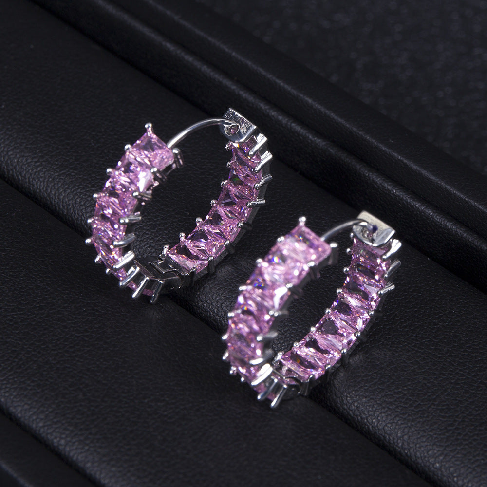 Stacked Birthstone Eternity Rectangular Zircon Style Full Zirconium Round Earrings - Carvan Mart