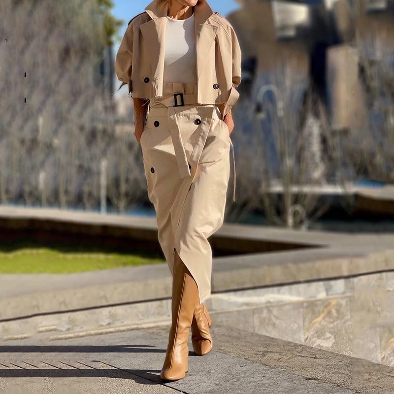 Dress With a Blazer Leisure Workwear Elegant Button Belt Street Style Women Skirt Suit - Khaki - Suits & Sets - Carvan Mart