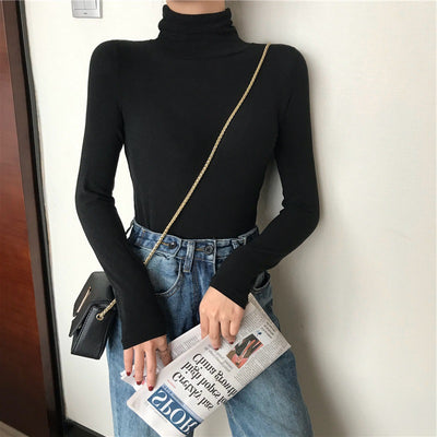 All-matching Solid Color Turtleneck Bottoming Shirt Women's Slim-fit Long Sleeve - Black - Winter Tops - Carvan Mart