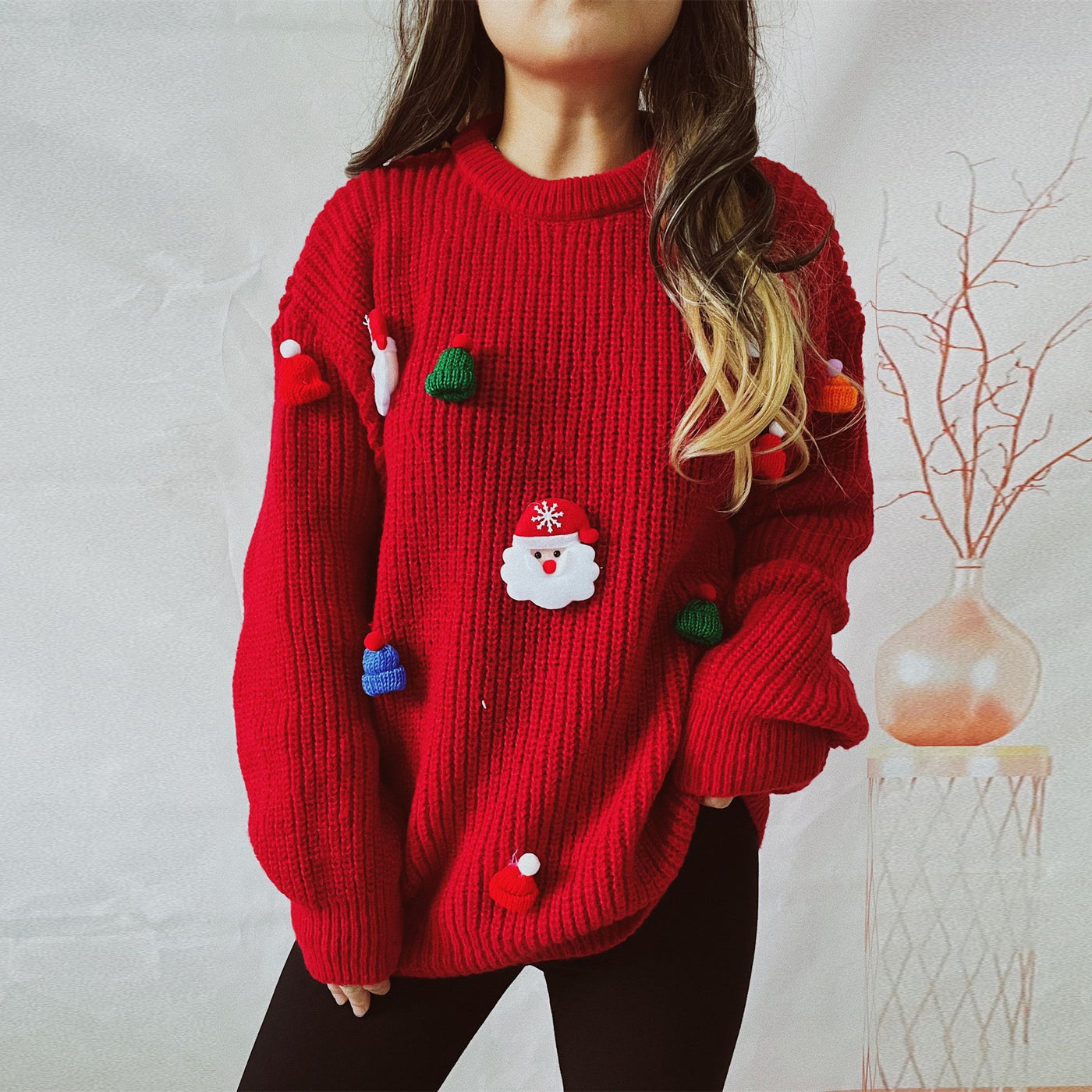 Women's Cute Fashion Santa Claus Three-dimensional Round Neck Long Sleeve Sweater - Carvan Mart