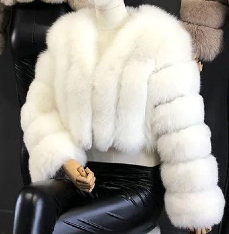 New Women's Coat Short Stitching Long Sleeve Fur Jacket - White - Leather & Suede - Carvan Mart