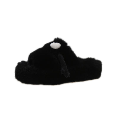 Fluffy Slippers Hand Holding Cute Cartoon Female Winter Shoes - Black - Women's Slippers - Carvan Mart