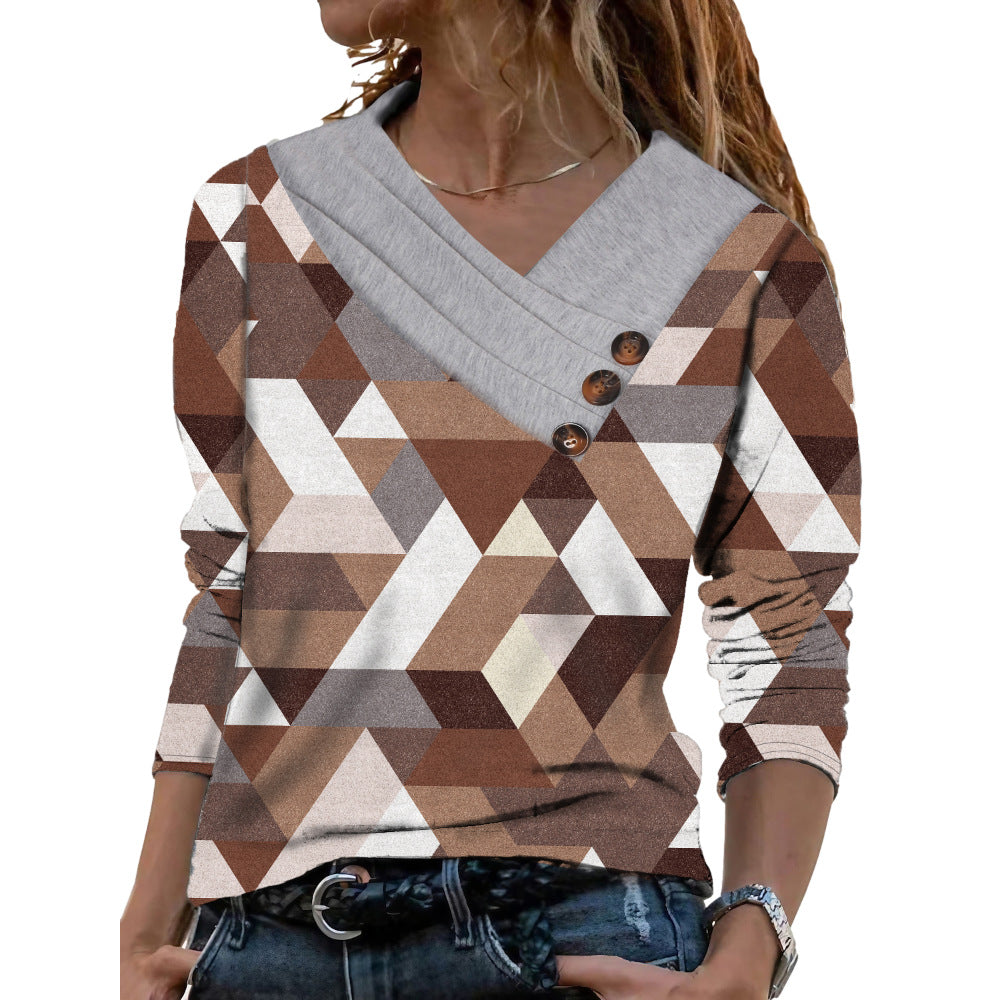 Women's Scarf Collar T-shirt With Long Sleeves Button Top - Khaki Diamond - Winter Tops - Carvan Mart