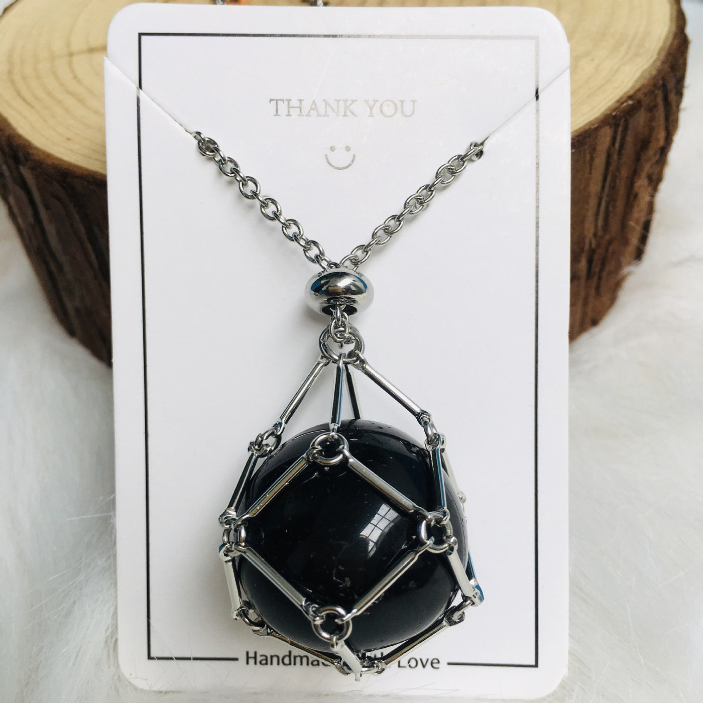 Fashion Jewelry Medium Natural Crystal Mesh Bag Bamboo Woven Necklace - Silver Obsidian - Necklaces - Carvan Mart