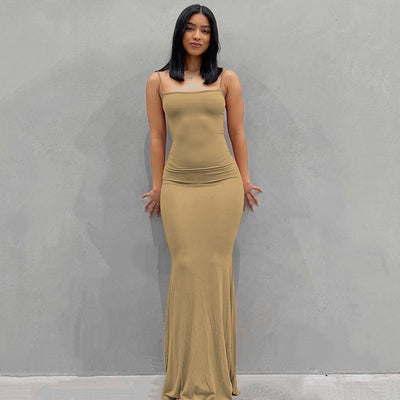 Satin Slip Sleeveless Backless Maxi Dress Bodycon Sexy Women's Dress - Khaki - Dresses - Carvan Mart