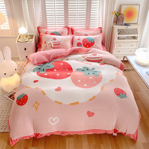 Large Version Milk Fiber Four-piece Set Autumn And Winter Thickening - Strawberry Honey 18m Fitted Sheet - Bedding Sets - Carvan Mart