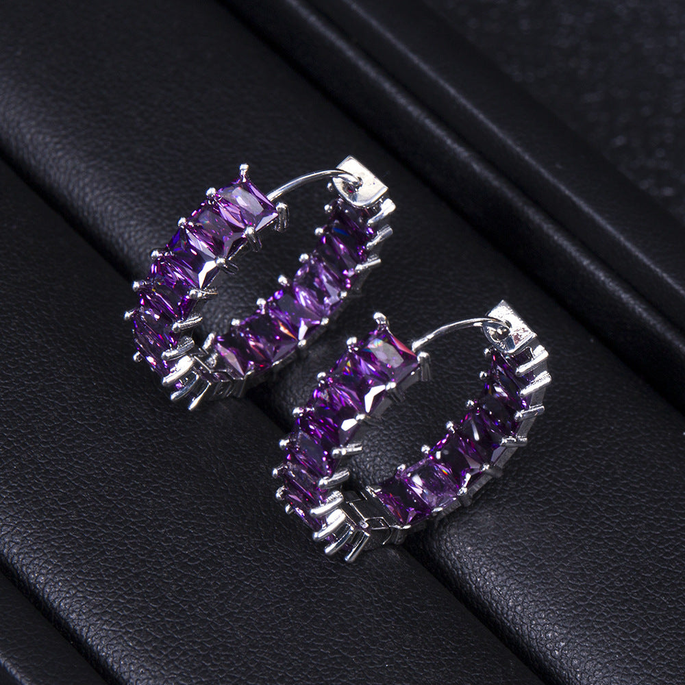 Stacked Birthstone Eternity Rectangular Zircon Style Full Zirconium Round Earrings - Carvan Mart