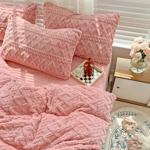 Four-piece Bed Set Thickened Warm Milk Fiber - Rose Pink Basic Style - Bedding Sets - Carvan Mart