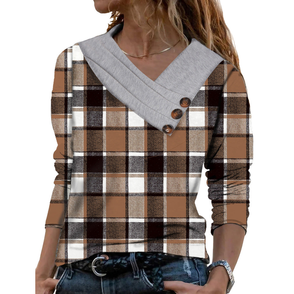 Women's Scarf Collar T-shirt With Long Sleeves Button Top - Carvan Mart