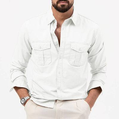 Men's Multi-pocket Solid Color Casual Long Sleeve Shirt - Versatile Lapel Cardigan - White - Men's Shirts - Carvan Mart