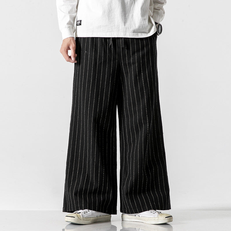 Linen Striped Harem Pants - Stylish High-Waist Wide-leg Trousers for Men - Black - Men's Pants - Carvan Mart