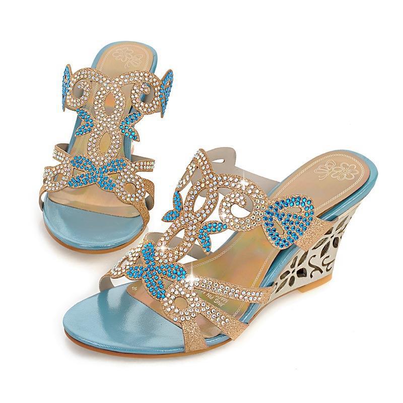 Wedge Sandals Peep Toe Slip-on Rhinestone Women's - Carvan Mart