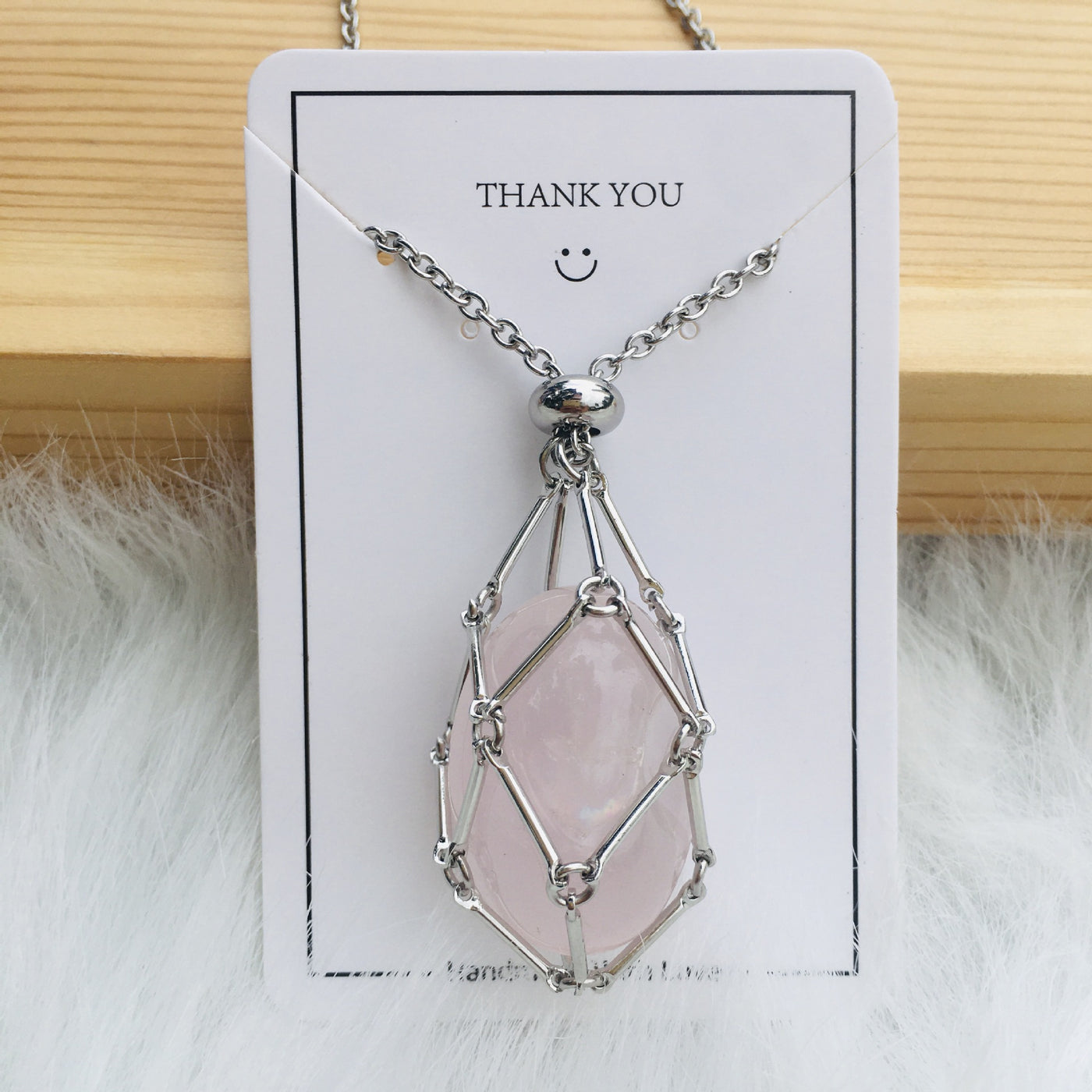 Fashion Jewelry Medium Natural Crystal Mesh Bag Bamboo Woven Necklace - Silver Pink Crystal - Necklaces - Carvan Mart