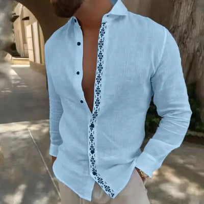 Men's Button-down Shirt Lapel Cotton Breathable Linen Tops - Sky Blue - Men's Shirts - Carvan Mart