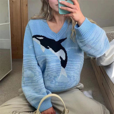 Women's Dolphin Printing Long Sleeve Loose Sweater - Blue - Sweaters - Carvan Mart