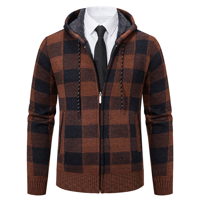 Men's Plaid Thickened Cardigan Sweater Coat - 6636 Brown - Men's Jackets & Coats - Carvan Mart