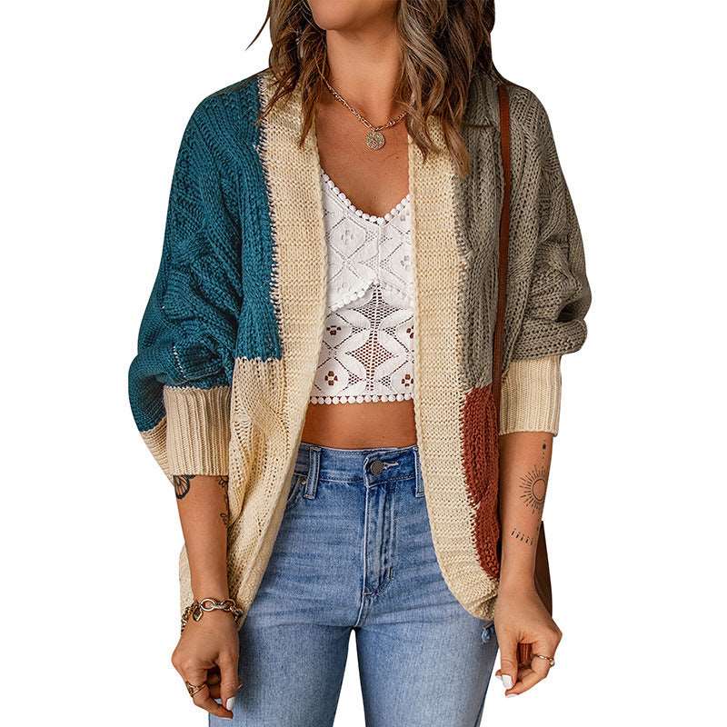 Color Stitching Knitted Cardigan Sweater Outside - Blue - Sweaters - Carvan Mart