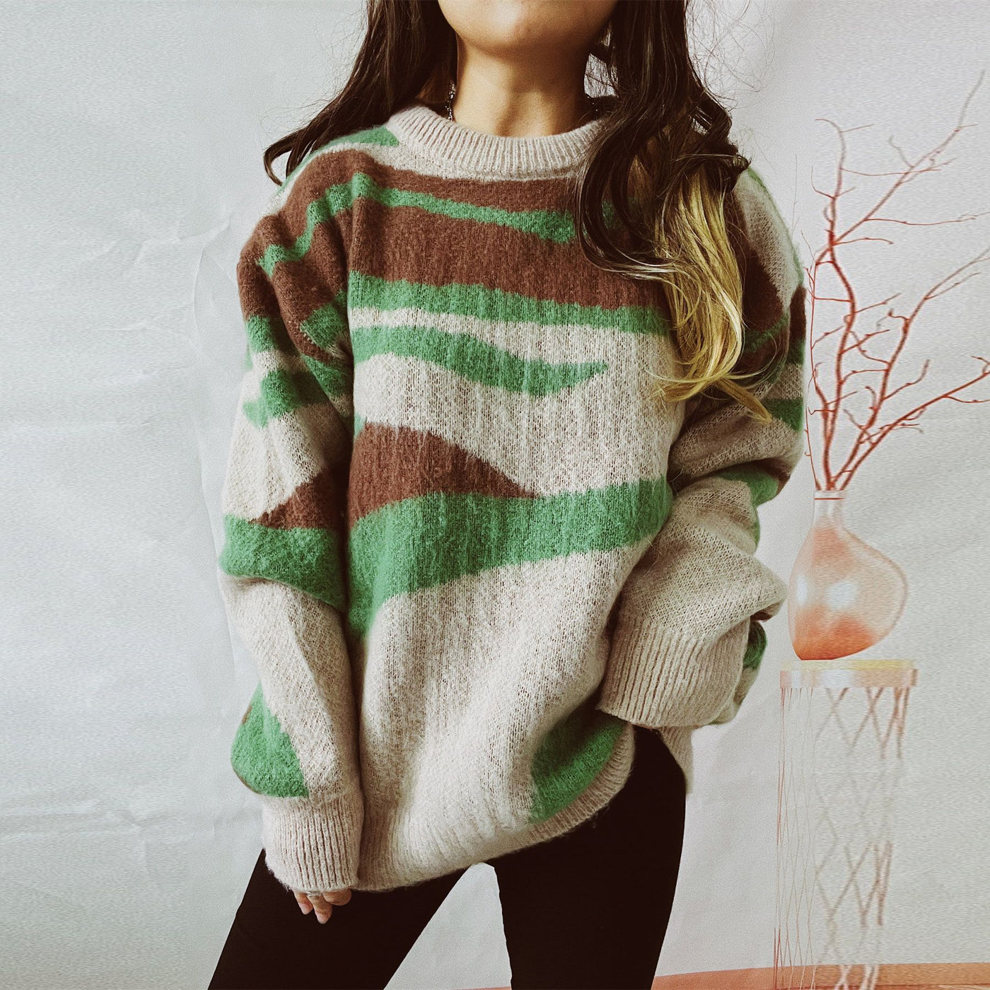 Women's Fashion Casual Irregular Striped Sweater - Green - Sweaters - Carvan Mart