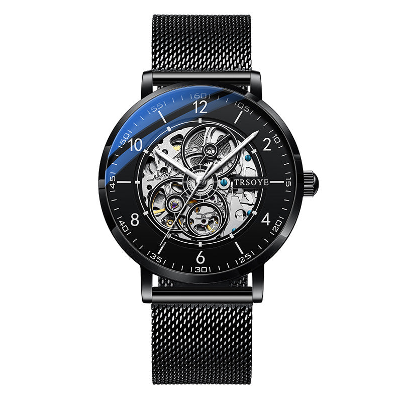 Men's Hollow Luminous Automatic Mechanical Watch - 8389 Black Shell Mesh Belt - Men's Watches - Carvan Mart