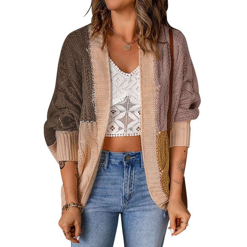 Color Stitching Knitted Cardigan Sweater Outside - Carvan Mart