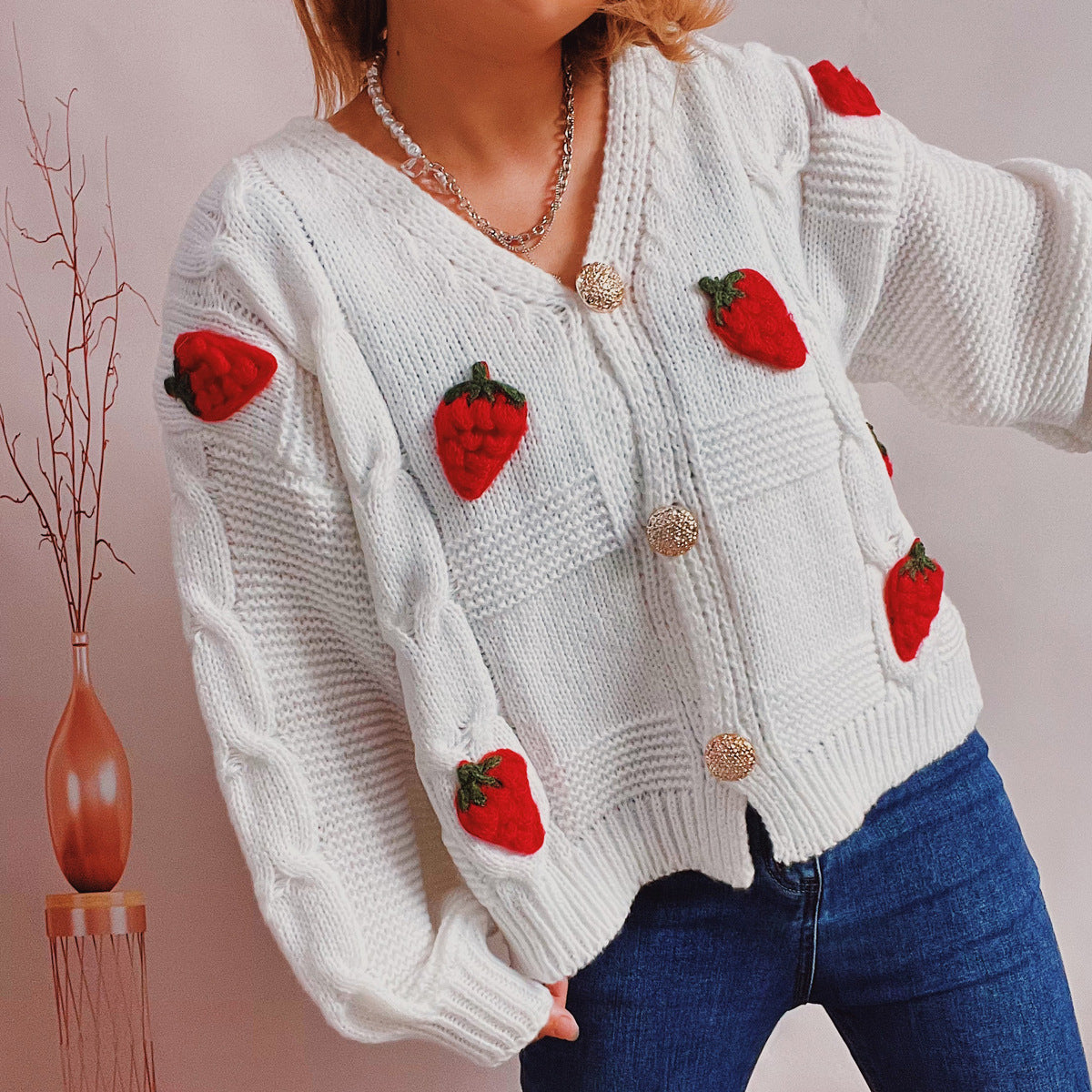 Women's Fashion Casual Loose Strawberry Embroidery Single-breasted Sweater - White - Sweaters - Carvan Mart