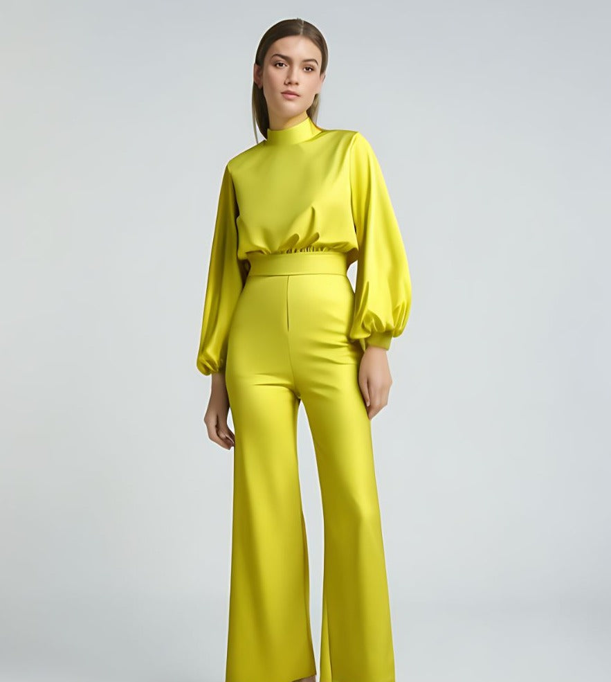 Palazzo Leg Elegant Jumpsuit High Neck Halter Long Sleeve Jumpsuit - Yellow - Jumpsuits & Rompers - Carvan Mart