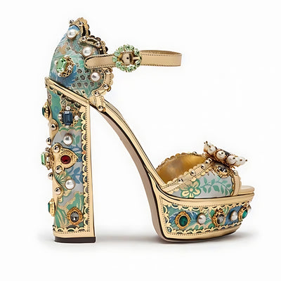 Platform High Heels Vintage Rhinestone Leather Women's Wedding Sandals - Carvan Mart