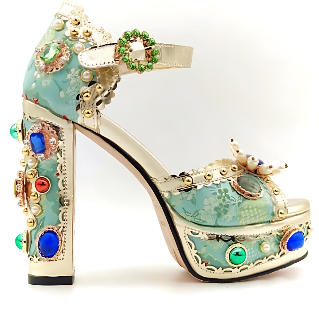 Platform High Heels Vintage Rhinestone Leather Women's Wedding Sandals - Carvan Mart