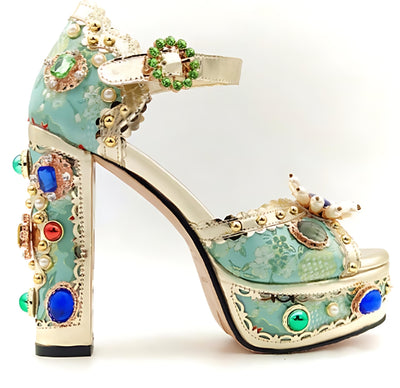 Platform High Heels Vintage Rhinestone Leather Women's Wedding Sandals - Light Blue - High Heels - Carvan Mart