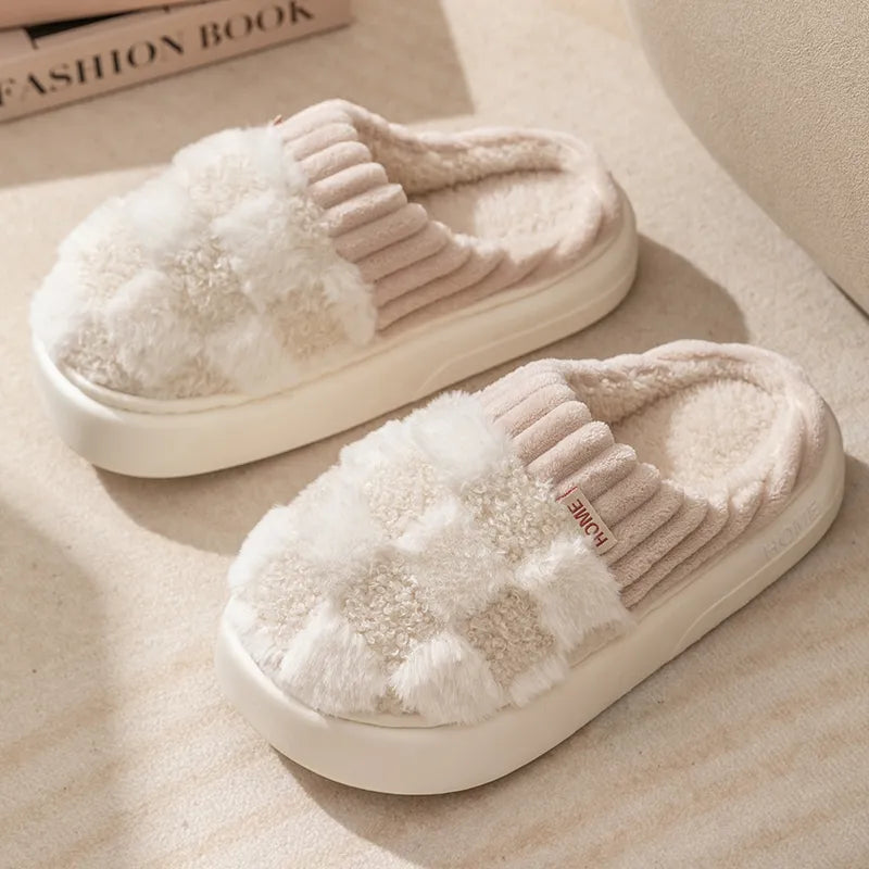 Winter Toe Wrap Warm Plaid Cotton Slippers Thick Soft Sole Slides Non-slip Shoes - WHITE - Women's Slippers - Carvan Mart