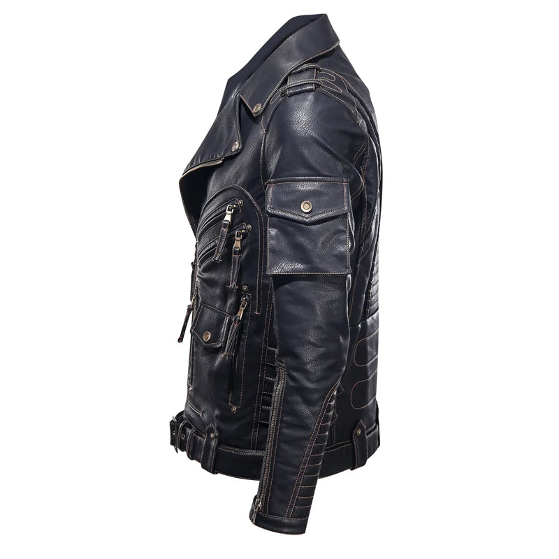 Vintage Leather Jacket Cool Zipper Pockets Men's Coat Jacket - - Genuine Leather - Carvan Mart