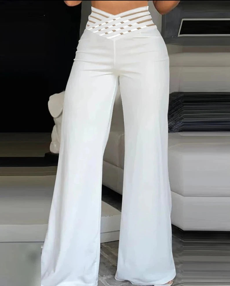 High-Waisted Flare Pants with Sexy Cutout Waistband - Trendy Wide-Leg Trousers - Carvan Mart